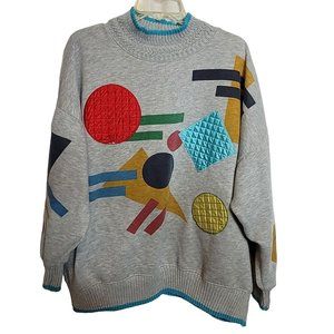 Oversize Sweatshirt Pullover Ge Retro 80s ometric Shapes Applique Couture Lady